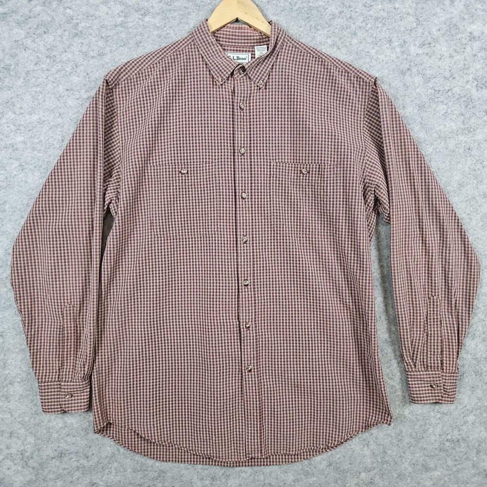 LL Bean Men'sā Brown Checkered Shirt Size L Tall 100% Cotton 2 Pockets Outdoors
